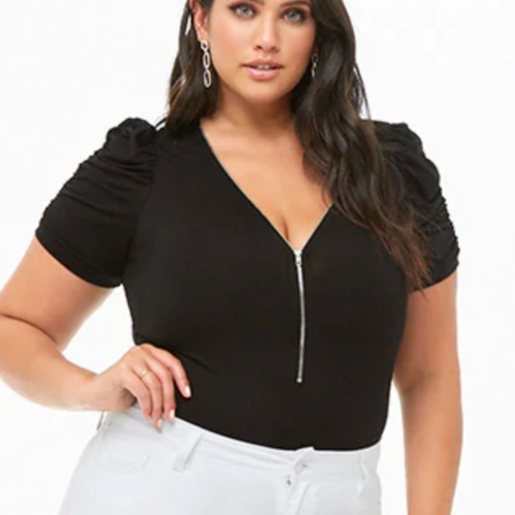 Forever 21 Tops - BLACK Plus Size Zippered Ruched-Sleeve Top